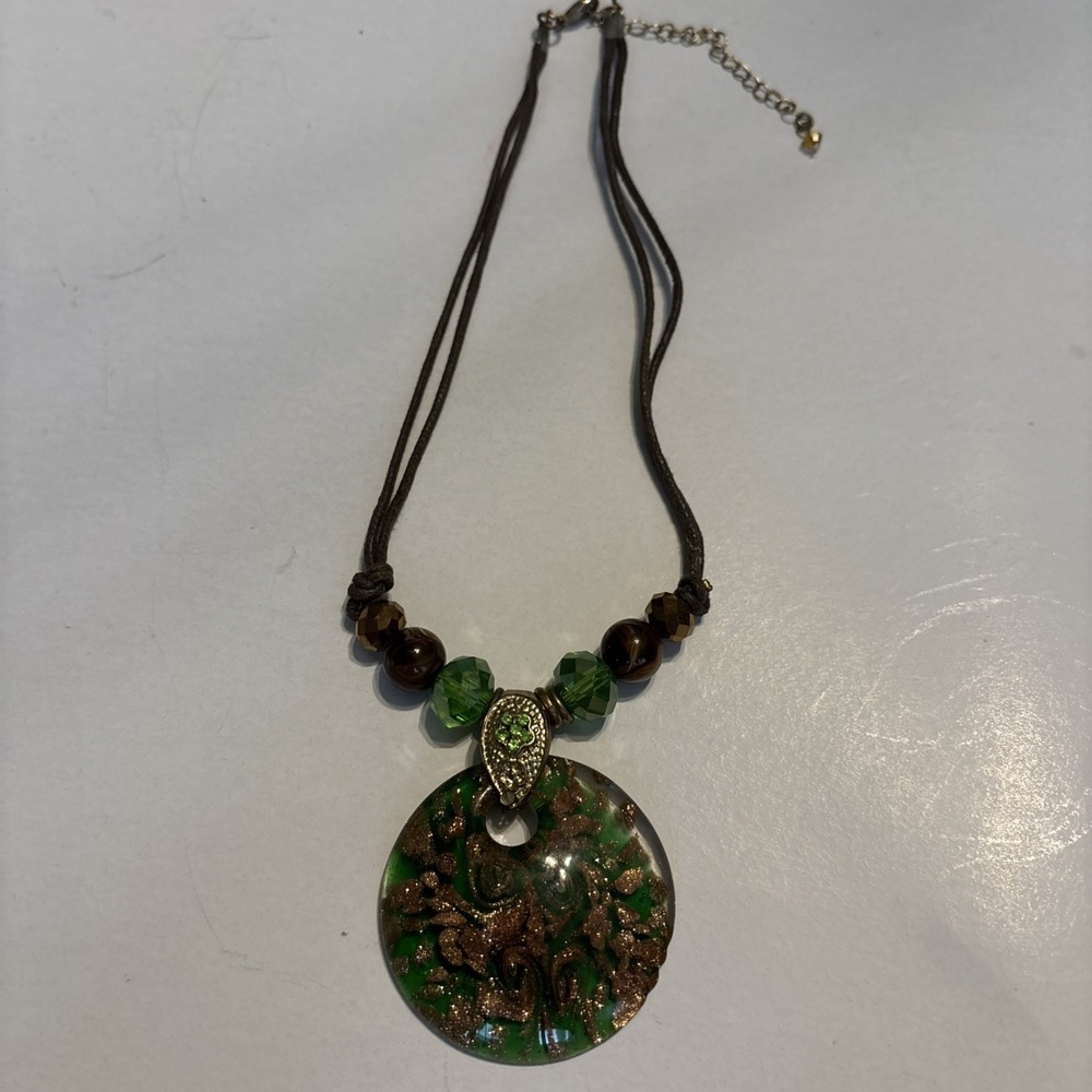 Murano Style Glass 2" Round Pendant /Leather Cord Necklace BOHO 18" From Italy
